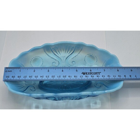 Beautiful Vintage Jefferson Glass Jewel & Fan Blue Opalescent 8.75" Pickle Dish - Picture 8 of 16
